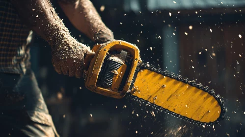 Yellow Chainsaw Cutting Wood