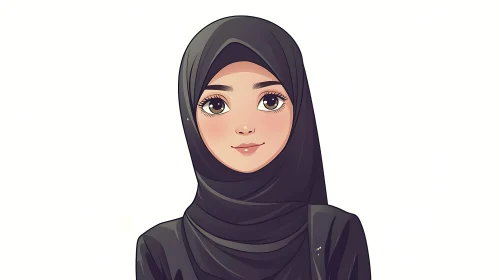 Charming Cartoon Woman in Black Hijab