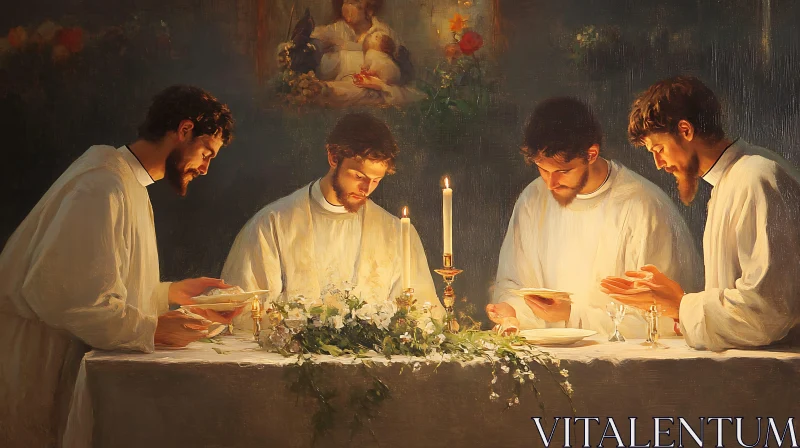 Men in White Robes at Candlelit Table AI Image