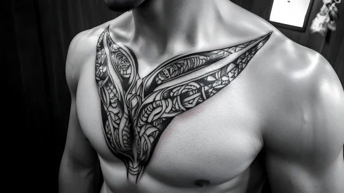 Intricate Black and White Chest Tattoo