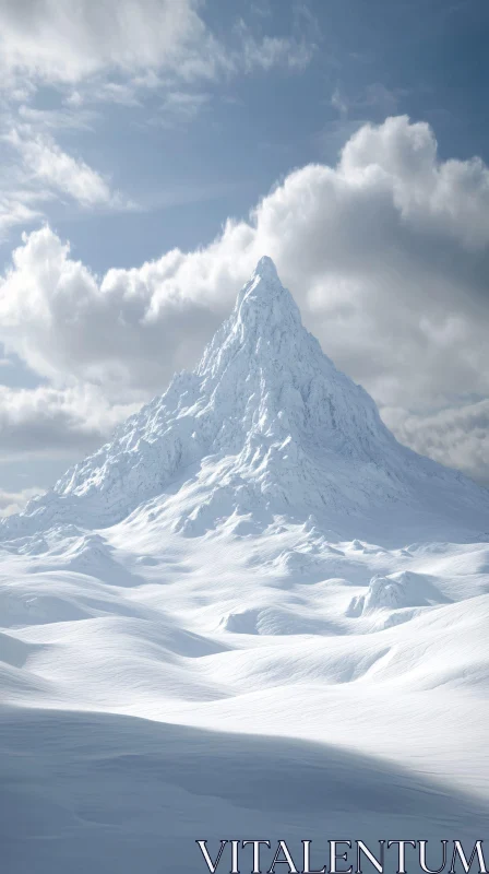 Snowy Mountain Landscape Under a Cloud-Filled Sky AI Image