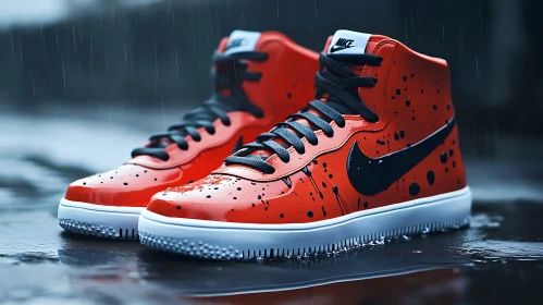 Red Nike Shoes on Wet Surface