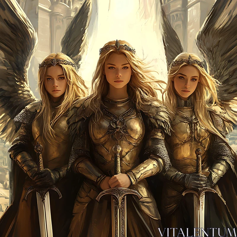 Three Golden Angel Warriors with Swords AI Image