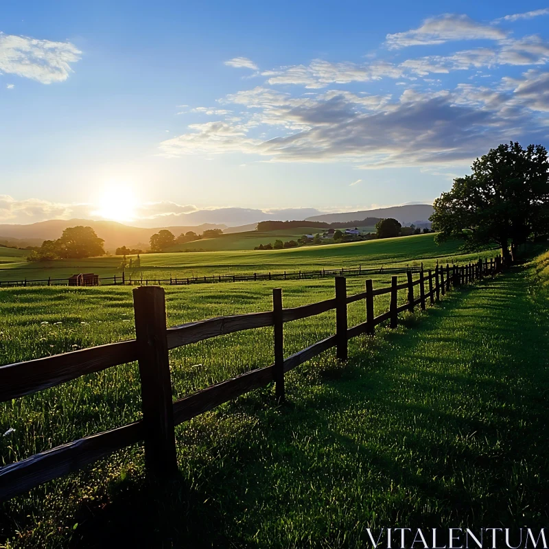 AI ART Green Field at Sunrise with Wooden Fence