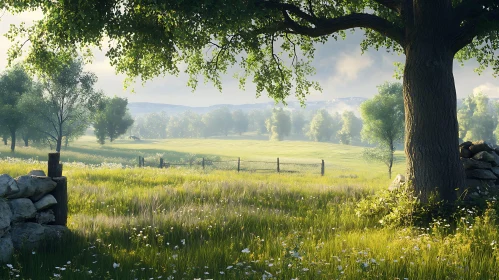 Peaceful Field with Tree and Stone Wall