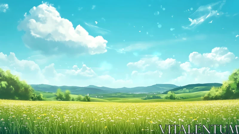 AI ART Scenic Meadow with Flowers and Clouds