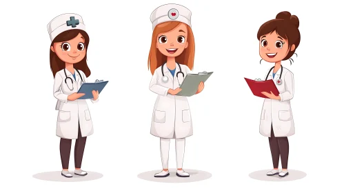 Three Cheerful Nurses in Cartoon Style