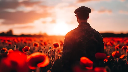 Sunset Over Poppy Field With Soldier