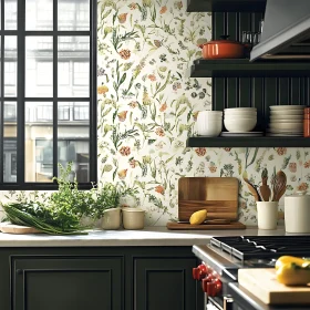 Botanical Kitchen Interior with Fresh Green Herbs