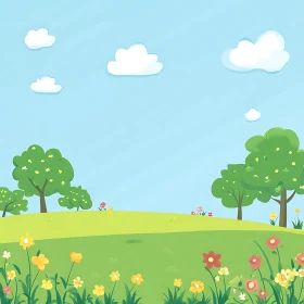 Cartoon Meadow with Flowers and Trees