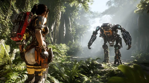 Woman and Robot in Dense Jungle