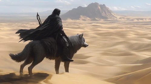 Lone Rider on Wolf in Sandy Desert