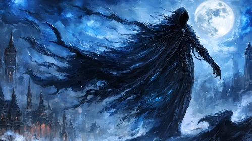 Gothic Apparition in a Moonlit Cityscape