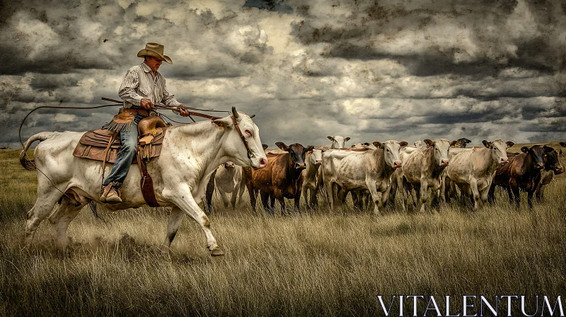 Rural Cowboy with Cattle on Grassy Field AI Image