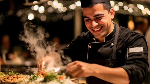 Chef Cooking in Warmly Lit Culinary Setting