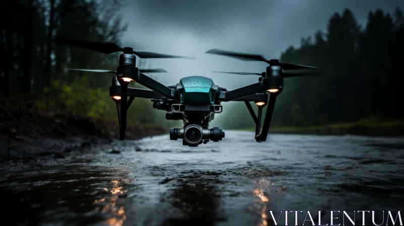 Black Drone Over Rainy Forest - Captivating Technology and Nature Fusion AI Image