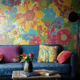 Colorful Living Room with Floral Wallpaper