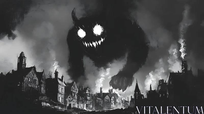 AI ART Monochrome Monster over Gothic Town