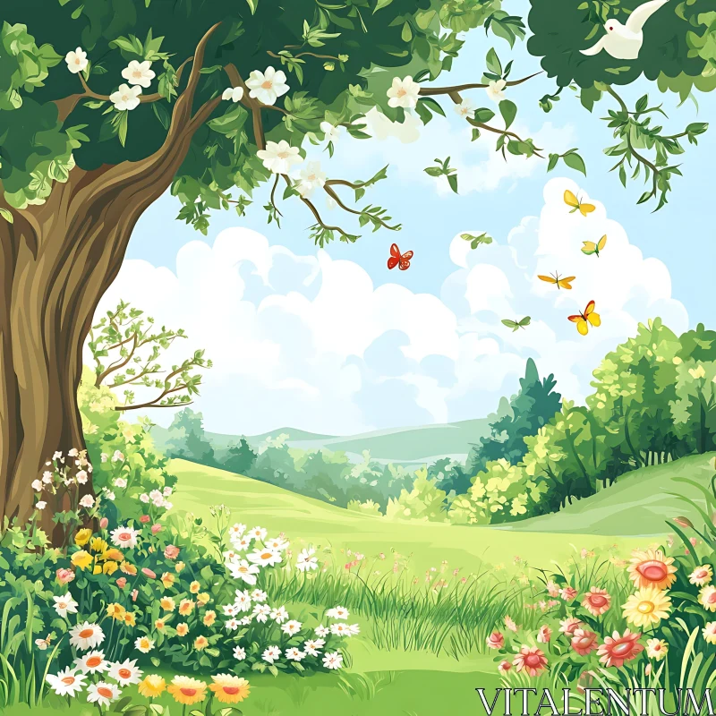 AI ART Picturesque Meadow Scene with a Tree