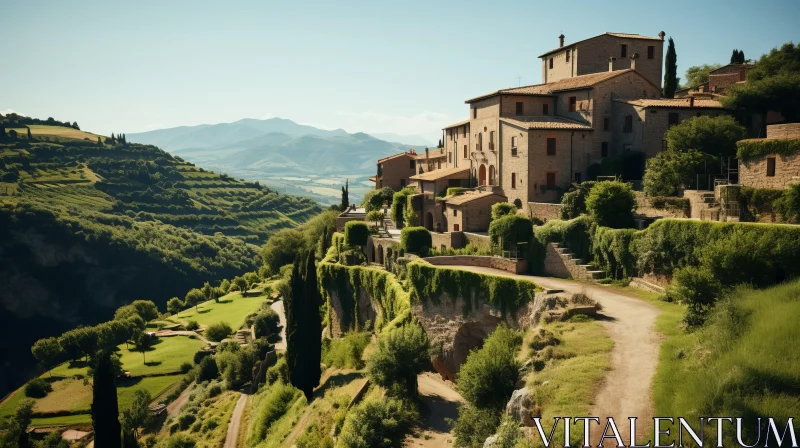 Dreamy Italianate Village Amidst Green Hills - A Romantic Composition AI Image