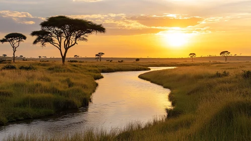 Golden Hour in the African Savannah Featuring a Calm River