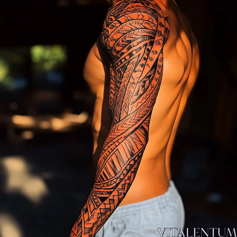 Tribal Tattoo Arm Design in Sunlit Ambience AI Image