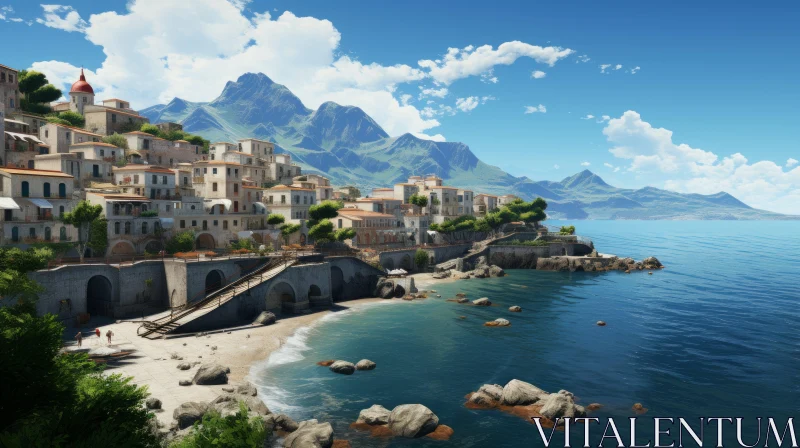 Mediterranean-inspired Coastal Town with Serene Oceanic Vistas AI Image