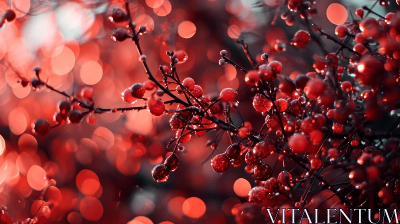 AI ART Red Berries Branch with Water Drops on Blurred Background