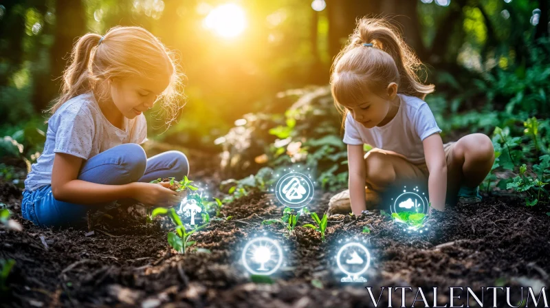 Girls Nurturing Seedlings in Forest AI Image