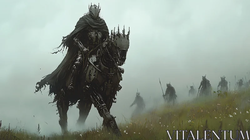 Mechanical Rider in a Misty Field AI Image