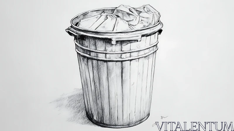 Monochrome Trash Can Drawing with Papers AI Image