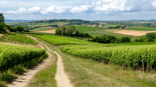 Green Fields and Vineyards in Countryside