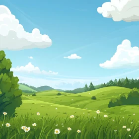 Cartoon Green Field and Blue Sky