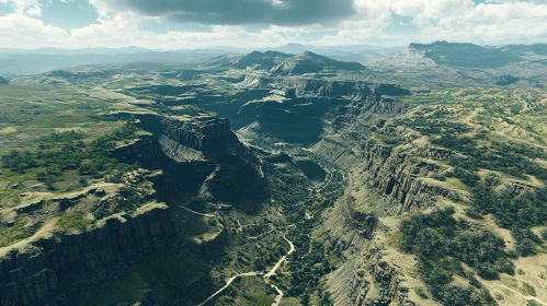 Panoramic Aerial View of a Canyon with Cliffs and Greenery