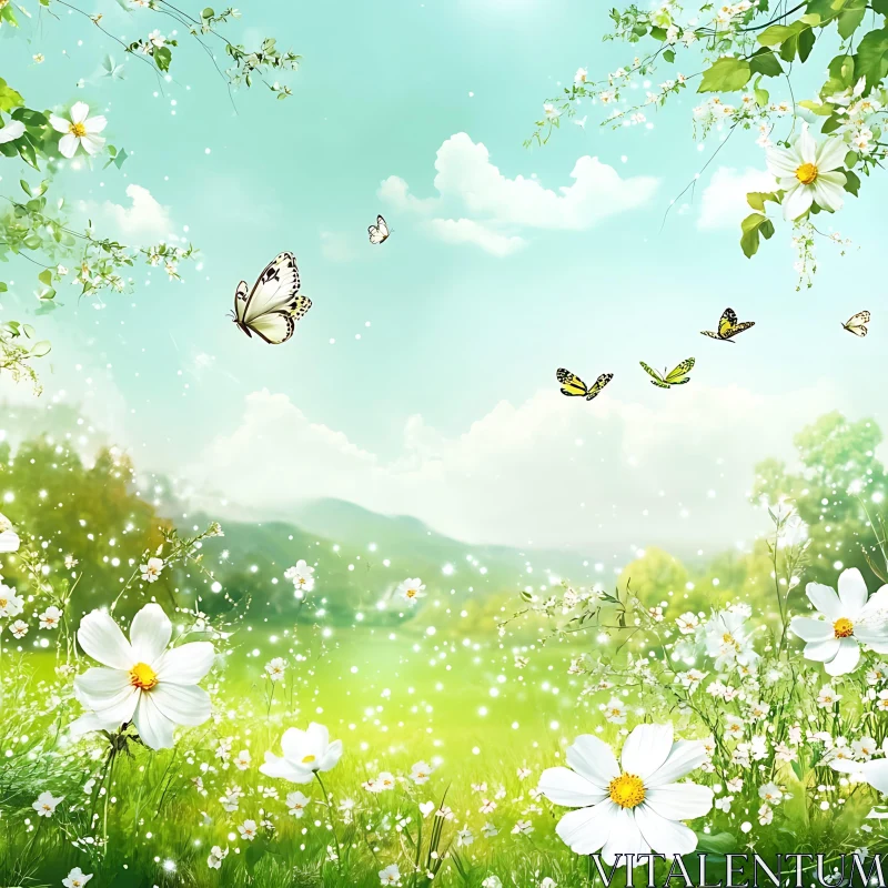 AI ART Spring Meadow with Butterflies and Flowers