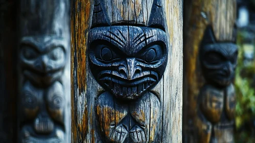 Detailed Wood Carving of a Totem Pole