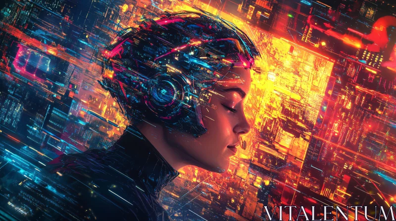 Futuristic Cyborg in Neon Environment AI Image