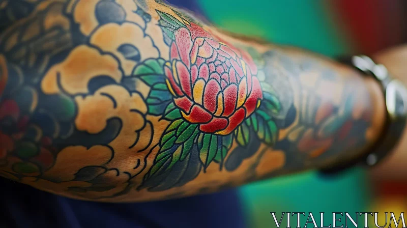 Vibrant Arm Tattoo with Floral Patterns AI Image