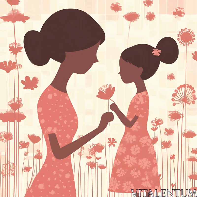 Stylized Mother Daughter Floral Illustration AI Image