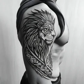 Black and White Lion Tattoo with Geometric Elements