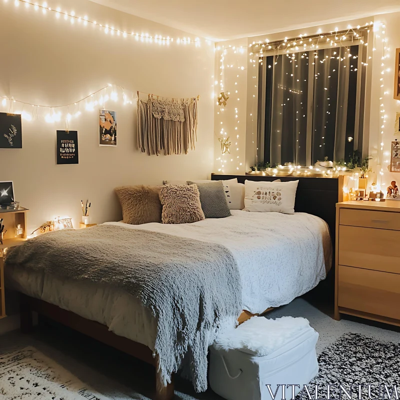 Tranquil Bedroom Interior with String Lights AI Image