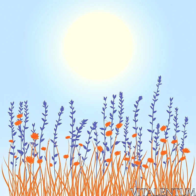 Stylized Orange Flowers and Blue Stems AI Image