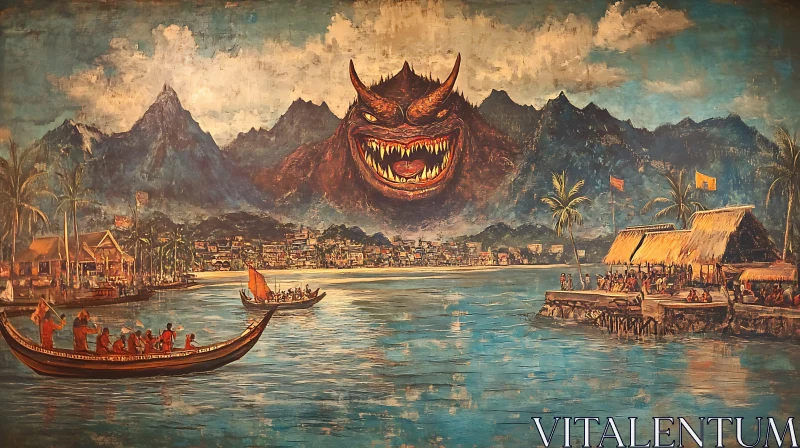 AI ART Menacing Monster Above Coastal Village