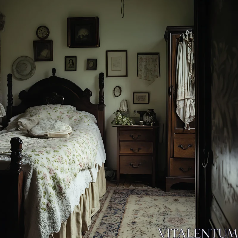 AI ART Old-Fashioned Bedroom with Floral Bedding