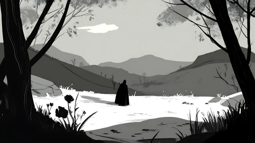 Solitary Silhouette in Black and White Landscape