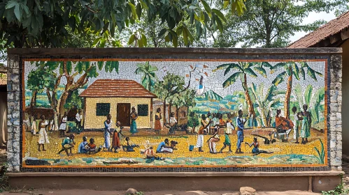 Colorful Village Scene Mosaic Art