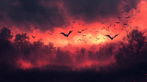 Silhouette of Bats in Red Sky