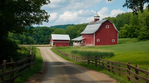 Rural Farm with Red Barn and Green Fields