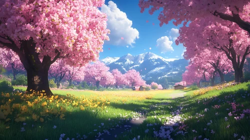 Spring Blossom Meadow with Mountain View