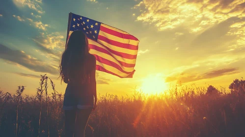 Sunset Silhouette: Woman Holding American Flag